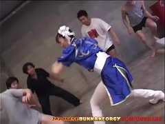 Chun Li Cosplay Japanese Babe groped in huge bukkake gangbang